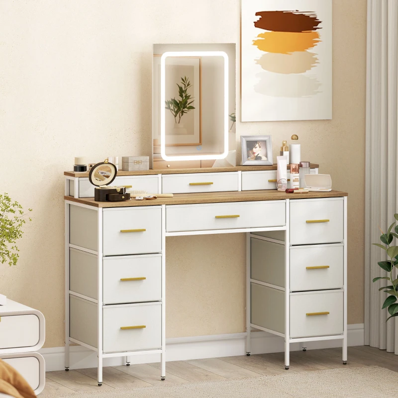 HOMCOM Coiffeuse avec miroir et lumières LED 3 couleurs, table de maquillage 10 tiroirs en tissu, 118,5 x 39,5 x 140 cm naturel