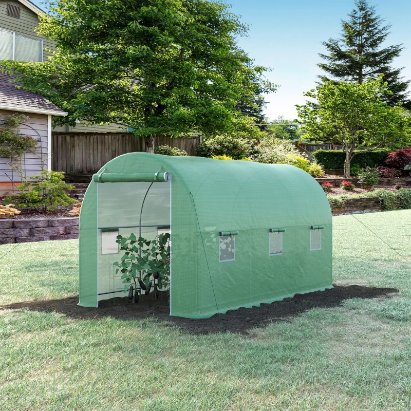 Outsunny Serre de Jardin Tunnel Surface Sol 8 m² 4L x 2l x 2,05H m châssis Tubulaire renforcé Porte zippée 6 fenêtres enroulables Vert