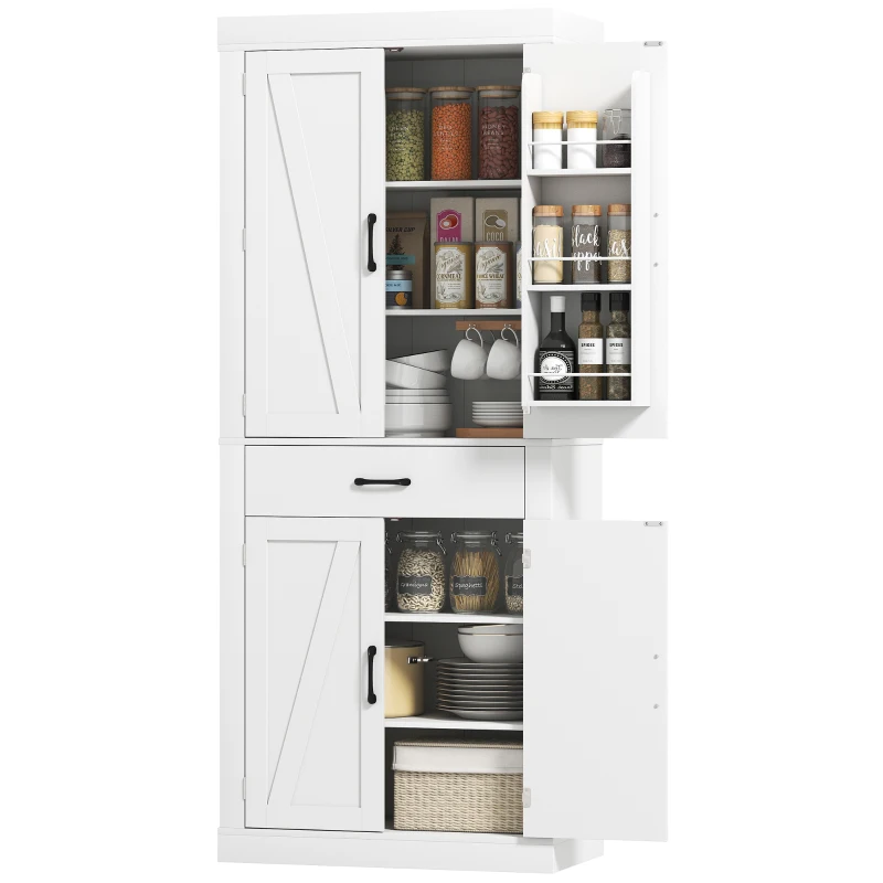 HOMCOM Despensa de Cocina estilo Country con 2 Armarios, 6 Estantes y Cajón, en Madera, 76x39.5x183.5 cm, Blanco