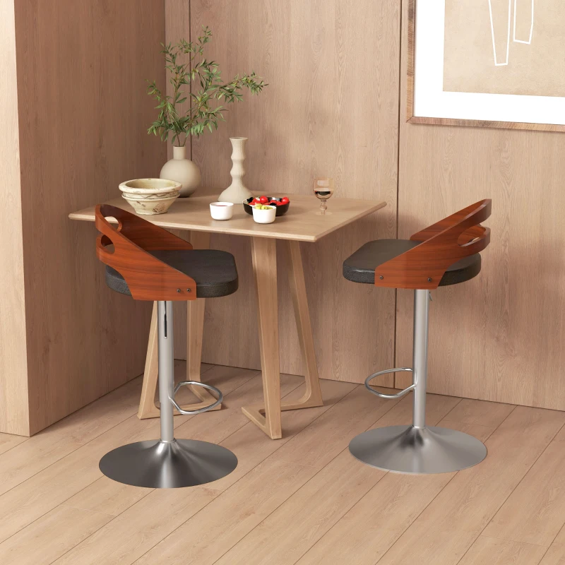 HOMCOM Lot de 2 tabourets de Bar Design Contemporain Hauteur d'assise réglable pivotant 360° revêtement synthétique Noir Dossier ajouré Aspect Bois