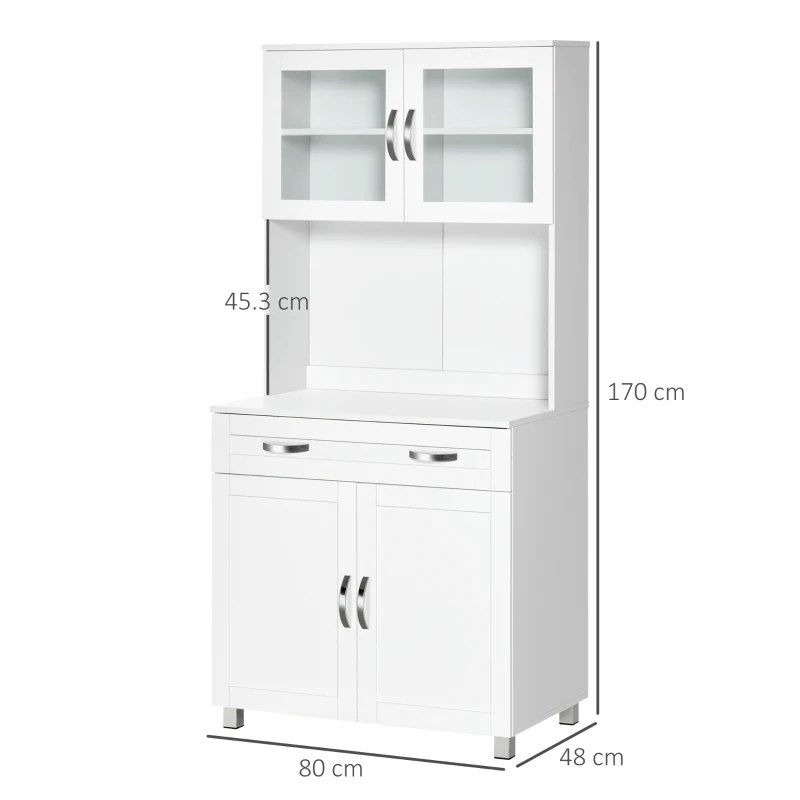 HOMCOM Mobile Cucina Moderno con 2 Armadietti, Ante in Vetro e Mensole Regolabili, 80x48x170 cm, Bianco