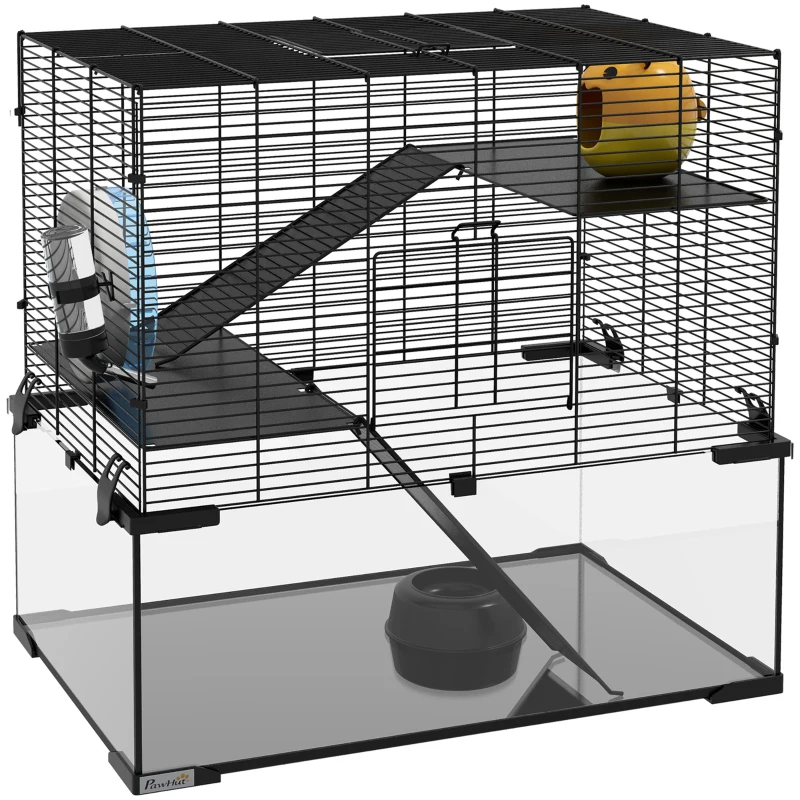 PawHut Cage hamster cage rongeur 3 niveaux avec roue rampes maisonnette abreuvoir mangeoire 60L x 40l x 54,5H cm noir