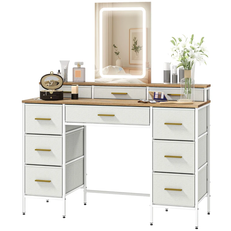 HOMCOM Coiffeuse avec miroir et lumières LED 3 couleurs, table de maquillage 10 tiroirs en tissu, 118,5 x 39,5 x 140 cm naturel
