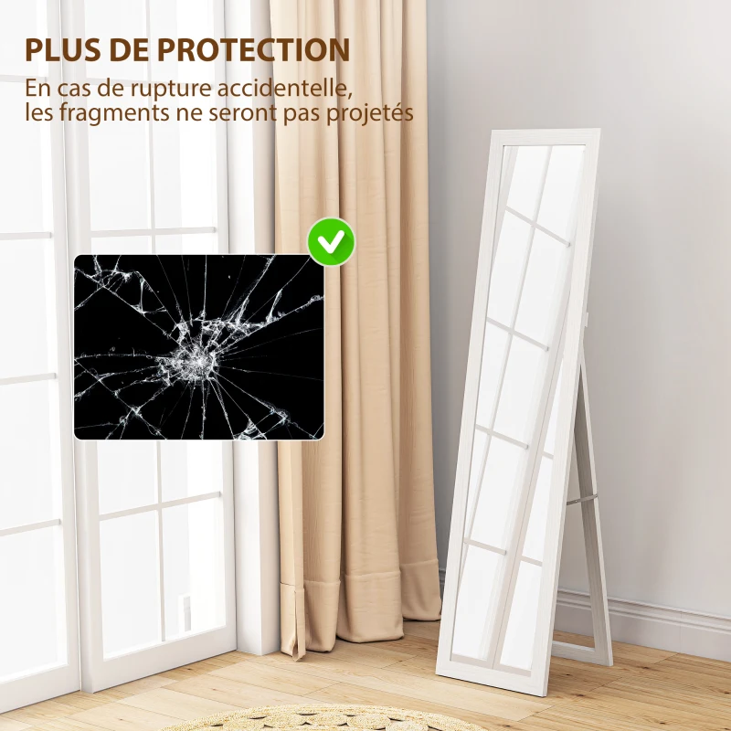 HOMCOM Miroir sur pied mural ou à poser rectangulaire avec cadre en bois pour salon chambre à coucher 37 x 155 cm blanc