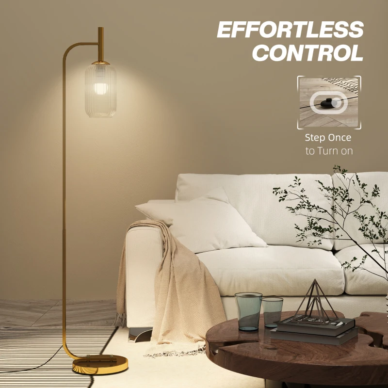 HOMCOM LED Floor Lamp for Living Room with Glass Lampshade, Modern Standing Lamp with Foot Switch, Adjustable Brightness, 2700K for Bedroom, Gold Tone