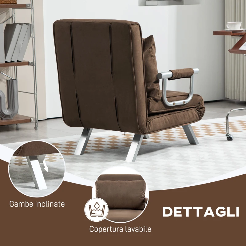 HOMCOM Poltrona Letto Moderna 2 in 1 con Schienale Reclinabile su 5 Posizioni e Cuscino, 65x69x80cm, Marrone