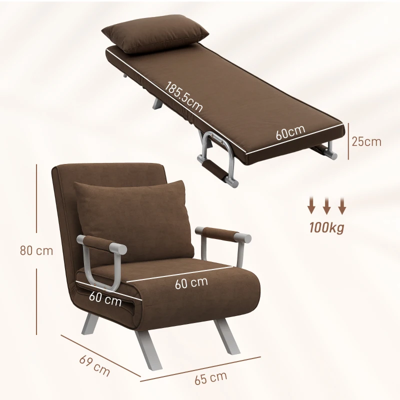 HOMCOM Poltrona Letto Moderna 2 in 1 con Schienale Reclinabile su 5 Posizioni e Cuscino, 65x69x80cm, Marrone