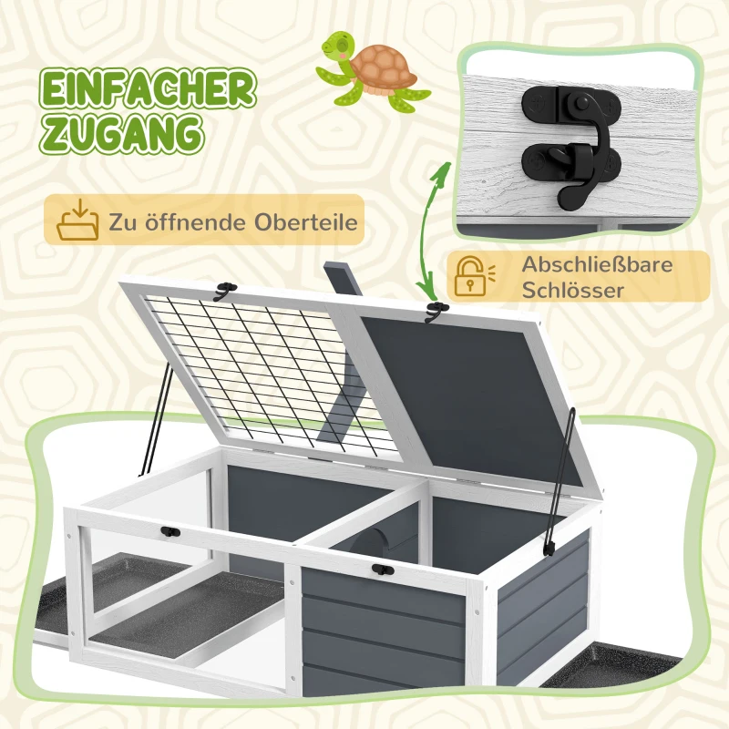 PawHut Schildkrötenhaus, Reptilienbox mit 2 Räumen, Deckel, Kunststoffschalen, Fenster, Holz, Grau
