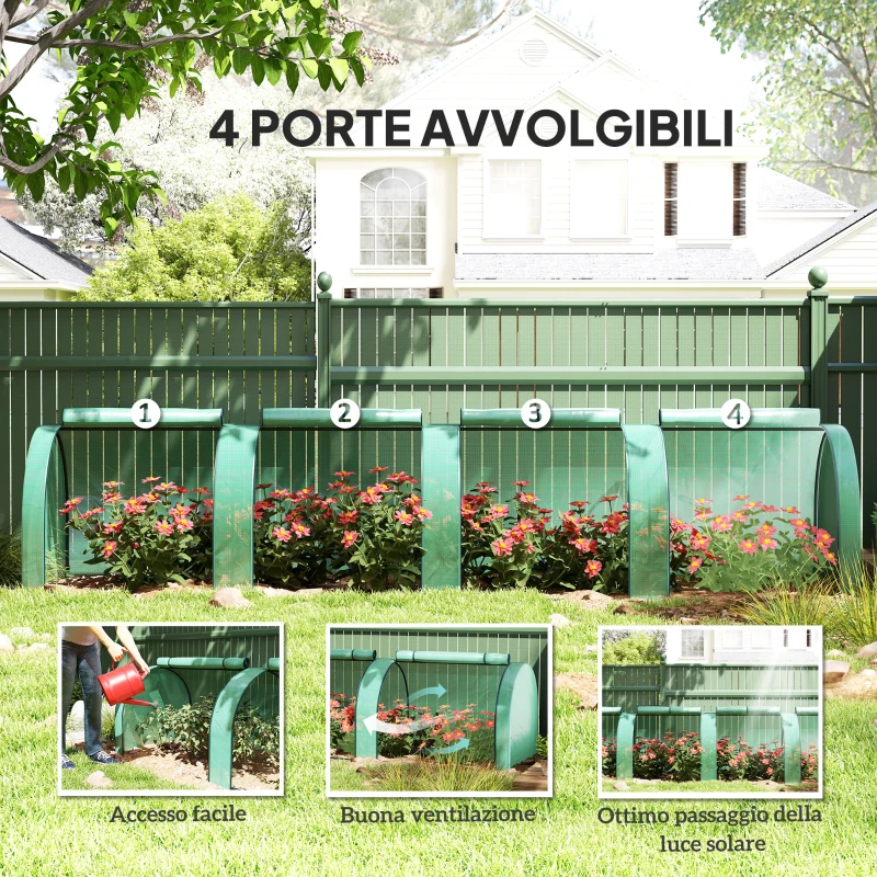 Outsunny Serra a Tunnel in Acciaio e Plastica Impermeabile Anti UV con 4 Porte, 395x100x80 cm, Verde