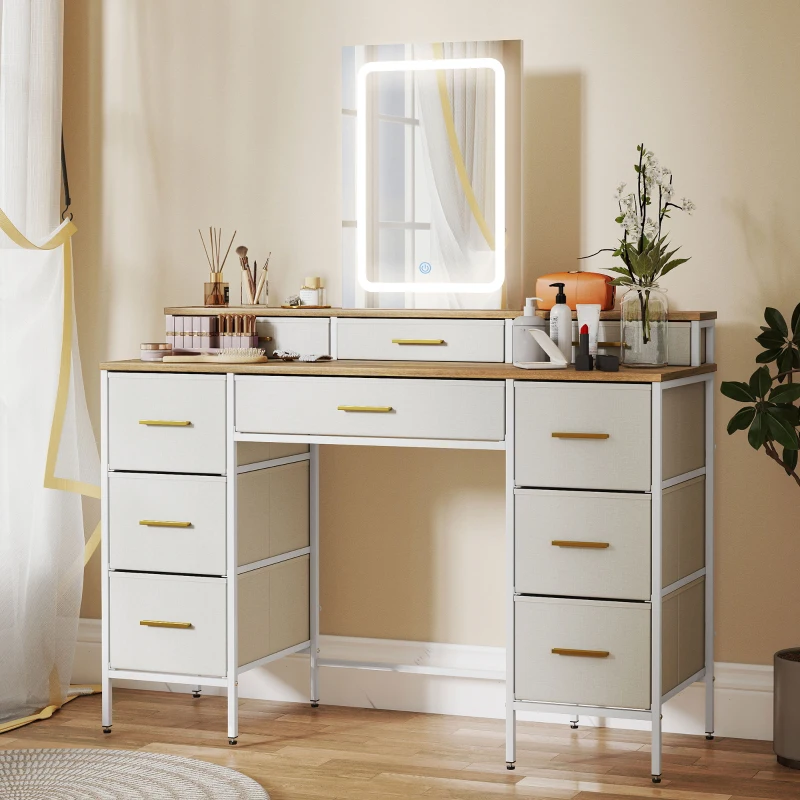 HOMCOM Coiffeuse avec miroir et lumières LED 3 couleurs, table de maquillage 10 tiroirs en tissu, 118,5 x 39,5 x 140 cm naturel
