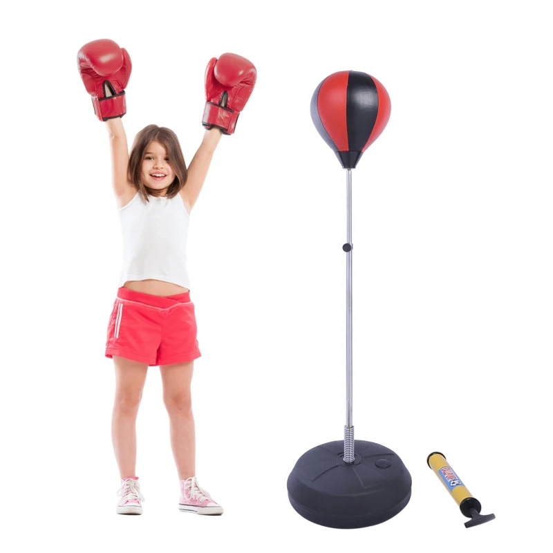 HOMCOM Sac de Frappe sur Pied Punching ball sur pied réglable en hauteur 126-144 cm avec gants, pompe et base de lestage pour enfants et débutants noir et rouge