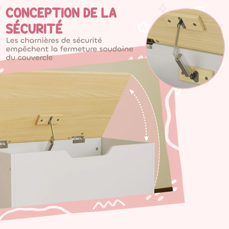 AIYAPLAY Coffre à jouet enfant sur roulettes, coffre de rangement enfant avec couvercle rabattable, 59 x 30 x 53 cm, blanc
