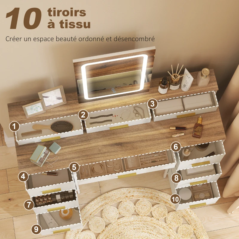HOMCOM Coiffeuse avec miroir et lumières LED 3 couleurs, table de maquillage 10 tiroirs en tissu, 118,5 x 39,5 x 140 cm naturel