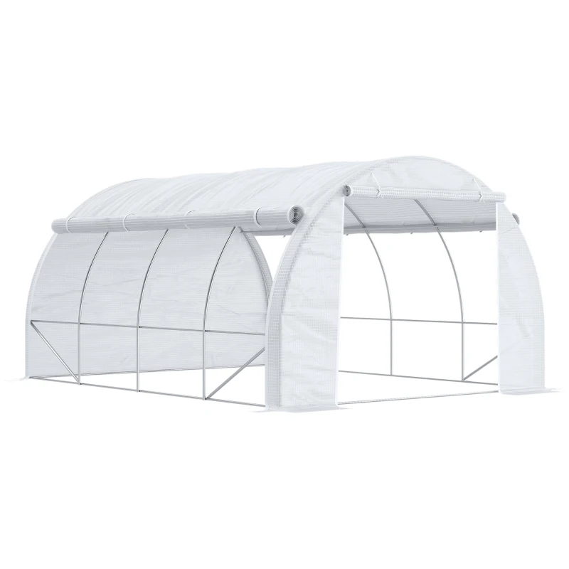 Outsunny Serre de jardin serre tunnel 12 m² avec porte, parois latérales enroulables 8 fenêtres acier PE  4 x 3 x 2 m blanc