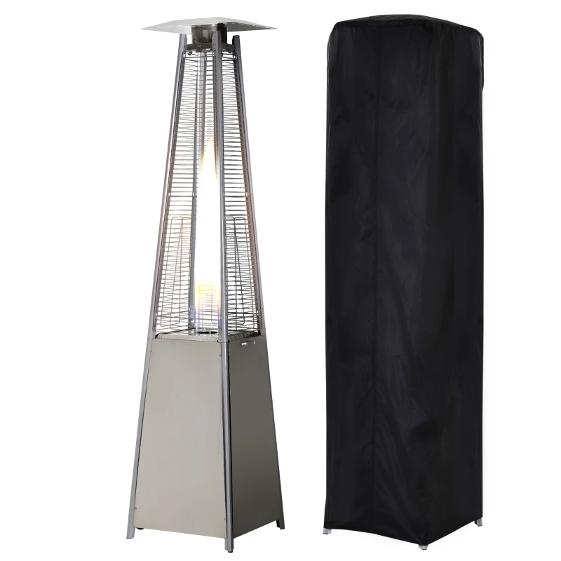 Outsunny Estufa de Gas para Exterior Pirámide 10,5 KW Calefactor para Patio de Propano Acero Inoxidable con Funda Protectora Regulador Manguera y Ruedas 57,5x52,5x227 cm Plata