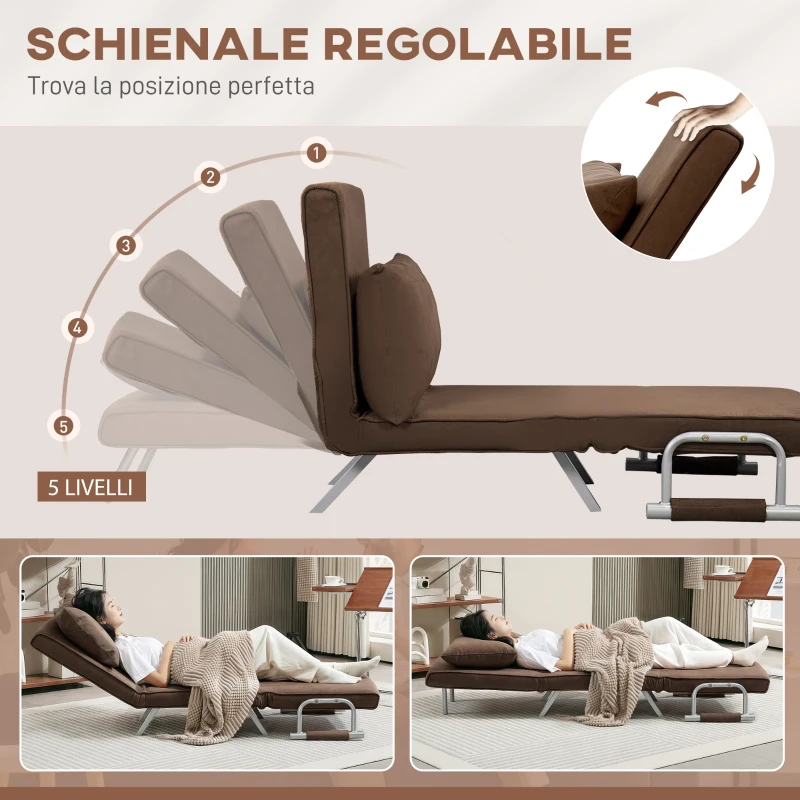 HOMCOM Poltrona Letto Moderna 2 in 1 con Schienale Reclinabile su 5 Posizioni e Cuscino, 65x69x80cm, Marrone