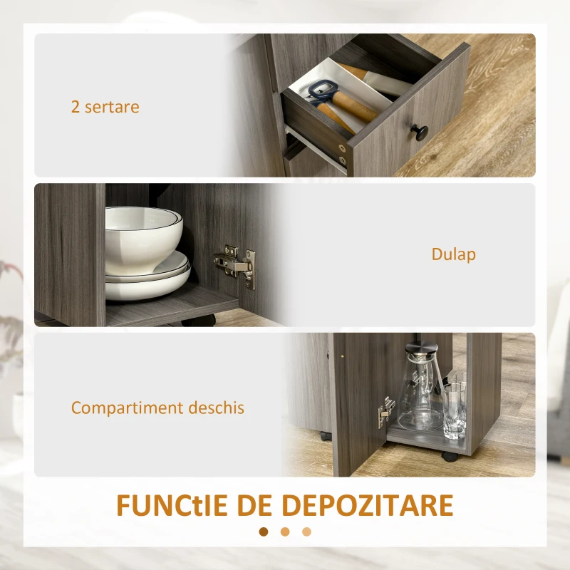 HOMCOM Masă Extensibilă pe 6 Roți cu 2 Sertare și Dulap cu Uși, din Lemn, 120x60x76.5 cm, Gri
