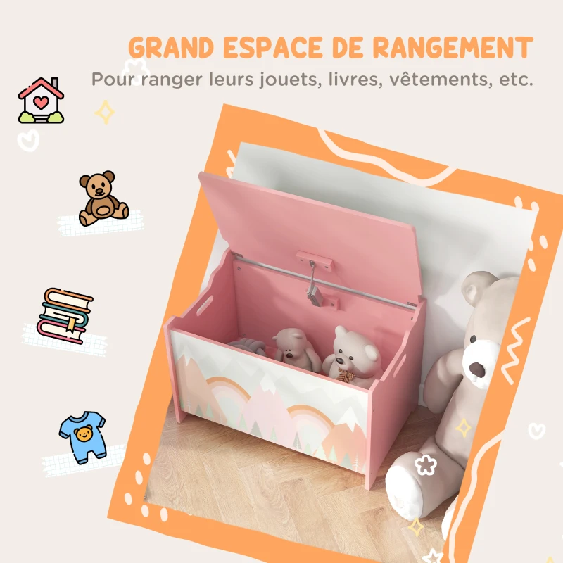 ZONEKIZ Coffre à jouet enfant coffre de rangement enfant couvercle rabattable motif de forêt coins arrondis 60 x 37 x 39 cm rose
