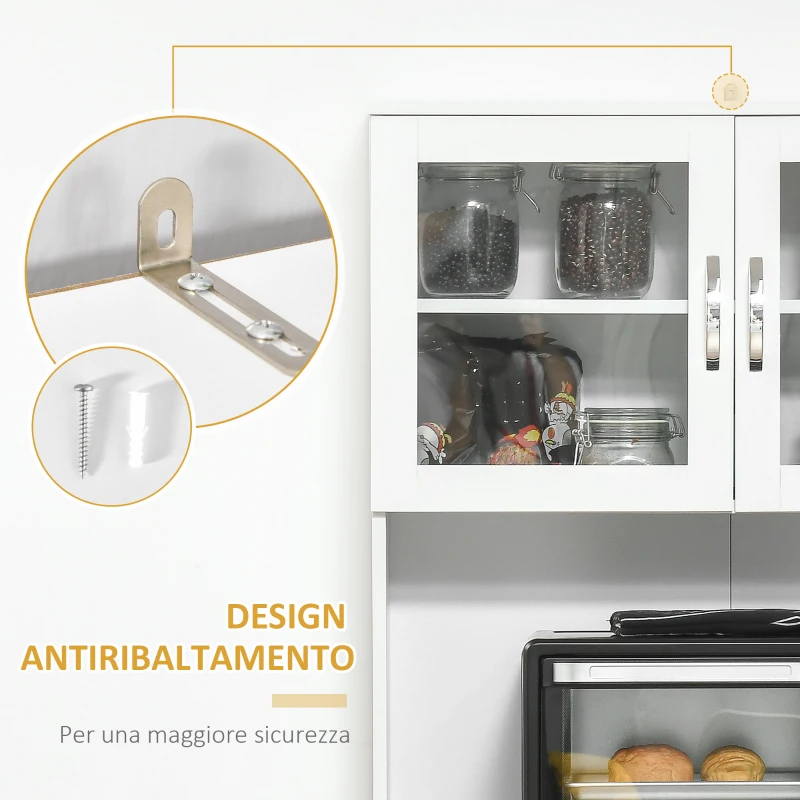 HOMCOM Mobile Cucina Moderno con 2 Armadietti, Ante in Vetro e Mensole Regolabili, 80x48x170 cm, Bianco