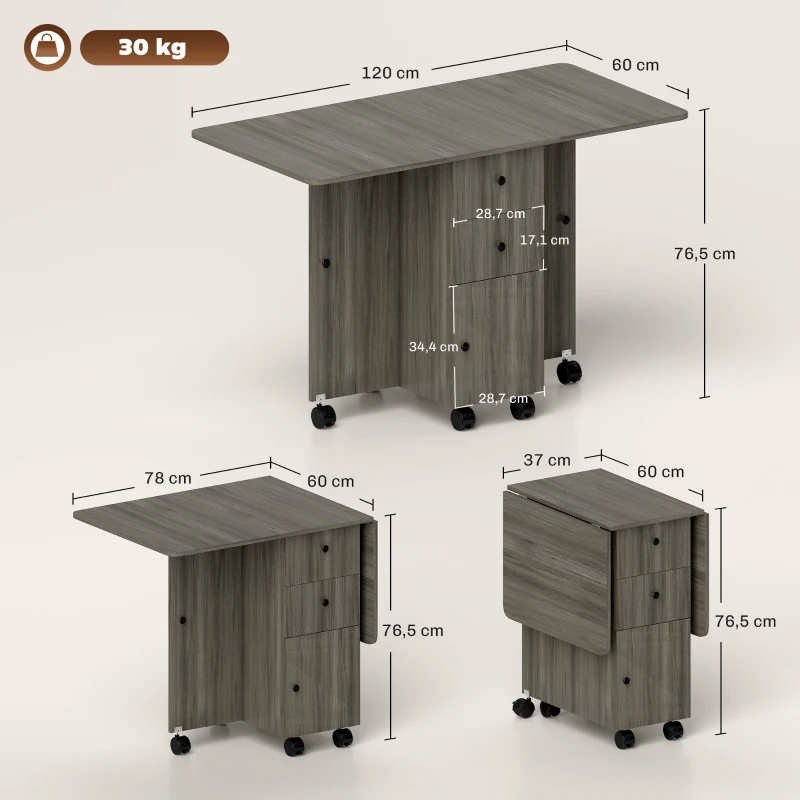 HOMCOM Table de cuisine pliable table à manger pliante 2 plateaux rabattables avec 2 tiroirs 1 placard gris