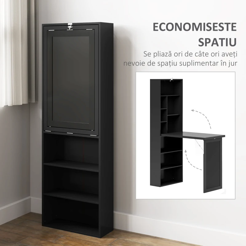 HOMCOM Birou Modern Pliabil cu Bibliotecă și Tablă, din Lemn și Metal, 98x51x153 cm, Negru