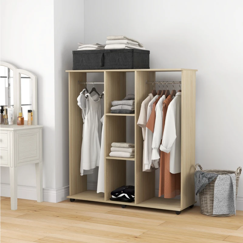 HOMCOM Armoire penderie Meuble de Rangement Mobile 6 roulettes 120L x 40l x 128H cm en bois naturel