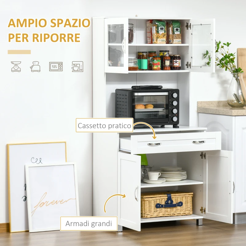 HOMCOM Mobile Cucina Moderno con 2 Armadietti, Ante in Vetro e Mensole Regolabili, 80x48x170 cm, Bianco