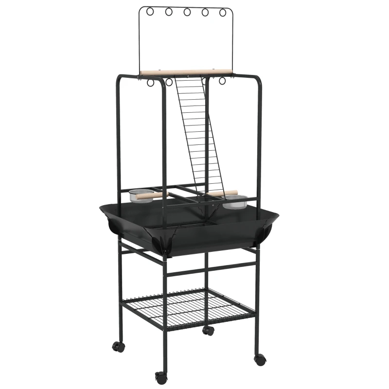 PawHut Aire de jeu sur roulettes pour oiseaux 3 perchoirs en bois 1 échelle 2 mangeoires en inox 155 cm gris foncé