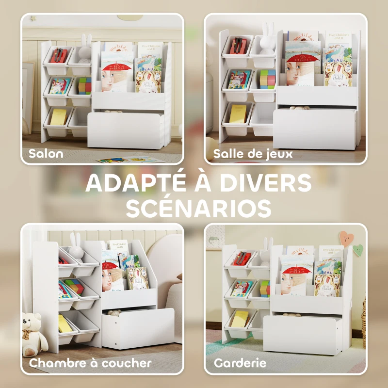 AIYAPLAY Meuble rangement enfant rangement jouet enfant 6 bacs amovibles et grand coffre à roulettes 100 x 30 x 80 cm blanc