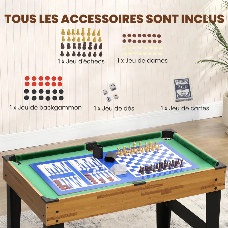 SPORTNOW Table multijeux 13 en 1, table de jeu baby-foot, billard, ping-pong, 121x109x80cm, pour enfants et adultes, noyer clair