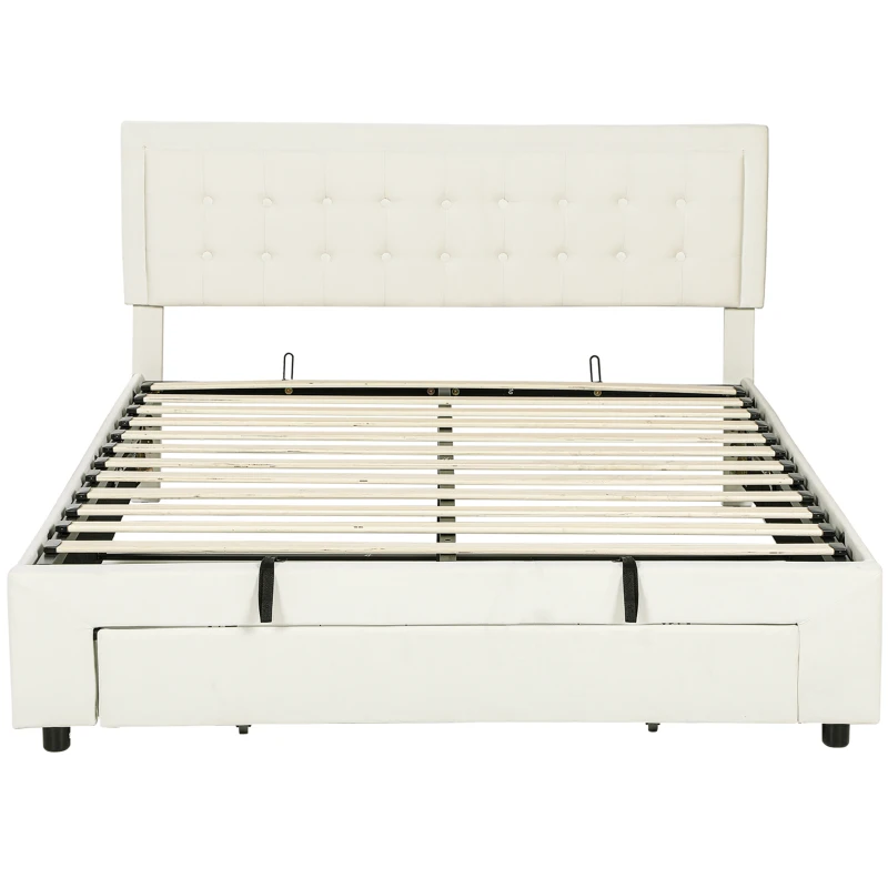 HOMCOM King Size Ottoman Bed Frame, with Front Drawer - Cream