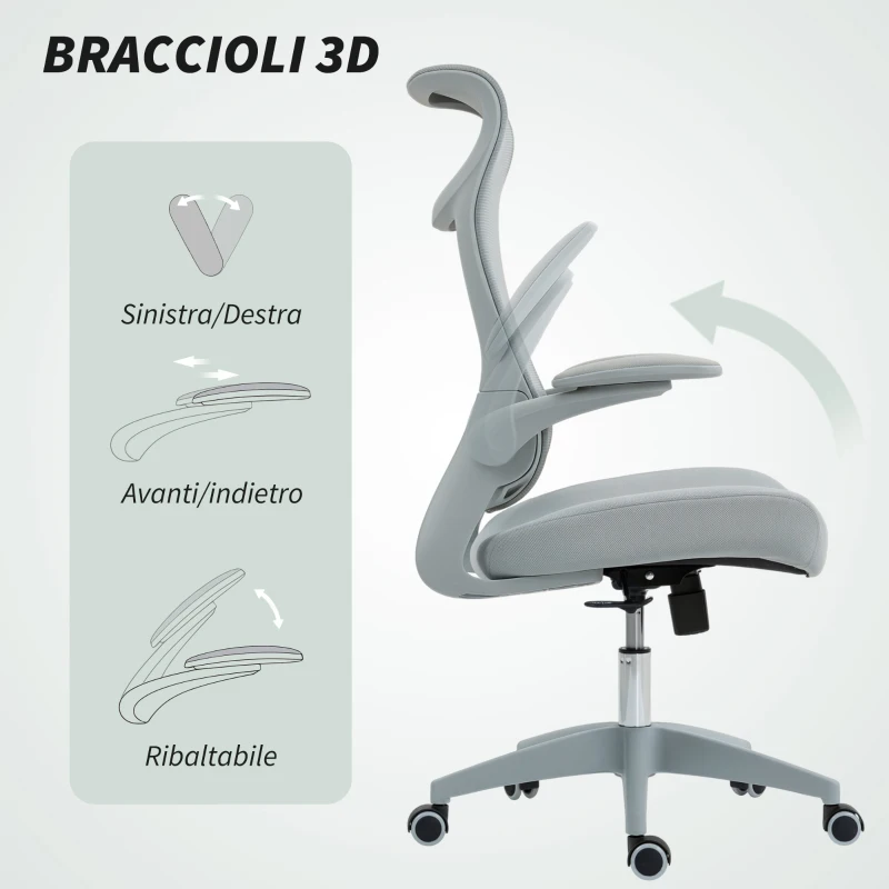 HOMCOM Sedia da Ufficio Ergonomica con Braccioli Regolabili, Schienale a Rete e Poggiatesta, Grigio
