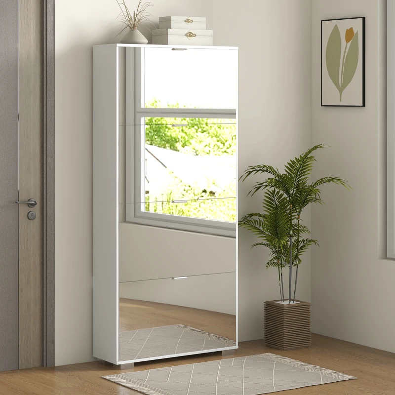 HOMCOM Meuble à chaussures 2 en 1 façades miroir 4 portes abattants, étagères réglables, jusqu'à 24 paires, 76l x 26P x 168H cm(m-10)