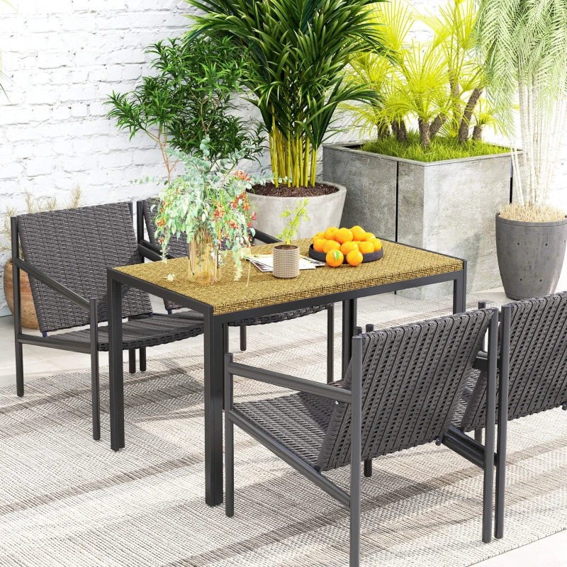 Outsunny Table de jardin rectangulaire 4 personnes en acier et plateau résine tressée PE effet rotin, dim. 120L x 70l x 72H cm
