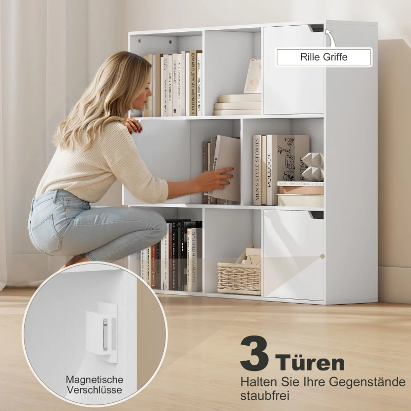 HOMCOM Bücherregal, 9 Würfelfächer, 3 Türen, 6 offene Regale, für Wohnzimmer, Schlafzimmer, Spanplatte, Weiß