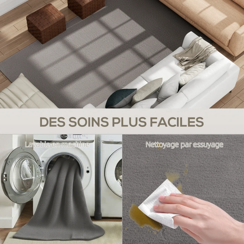 HOMCOM Tapis salon 200 x 140 cm tapis à poils longs, lavable en machine, antidérapant, en fausse fourrure, gris clair