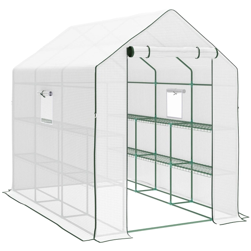 Outsunny Walk-in Greenhouse with 3 Tier 12 Shelves, Small Greenhouse with Reinforced PE Cover, Garden Plant Growhouse with Roll-up Door and Three Mesh Windows, 140 x 213 x 190 cm, White