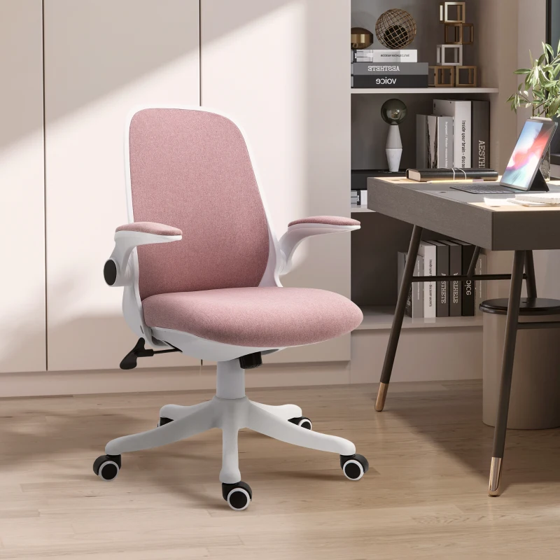 Vinsetto Chaise de bureau tissu lin hauteur réglable pivotante 360° accoudoirs relevables support lombaires réglable rose