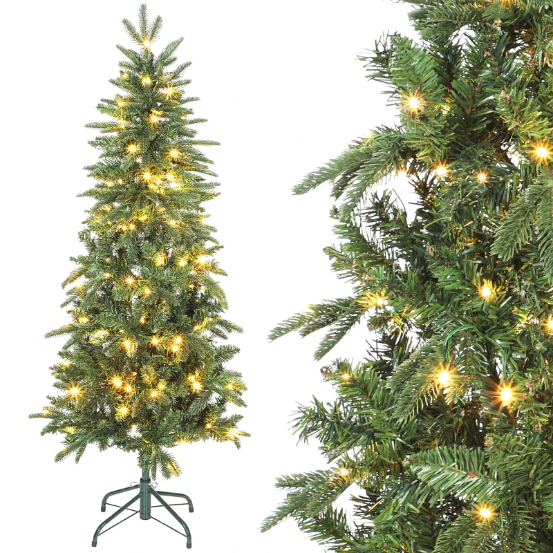 HOMCOM Sapin de Noël artificiel 150 cm, arbre de Noël slim avec 150 lumières 8 modes d'éclairage 431 branches articulées, vert