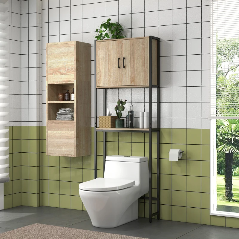 kleankin Étagère de toilettes meuble de salle de bain dessus toilette WC avec placard 2 portes et étagère ouverte