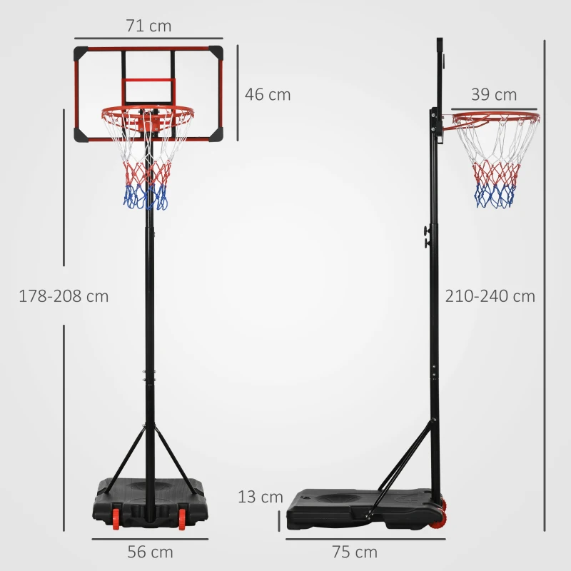SPORTNOW Outdoor-Basketballkorb, 178-208 cm Verstellbare Korbhöhe, Basketballständer mit Rollen, für Jugendliche, Rot