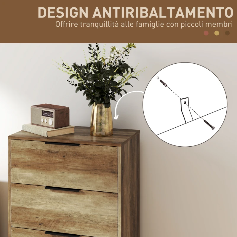 HOMCOM Cassettiera 4 Cassetti Antiribaltamento con Maniglie Nere, in Legno e Metallo, 62x35x105 cm, Marrone Chiaro