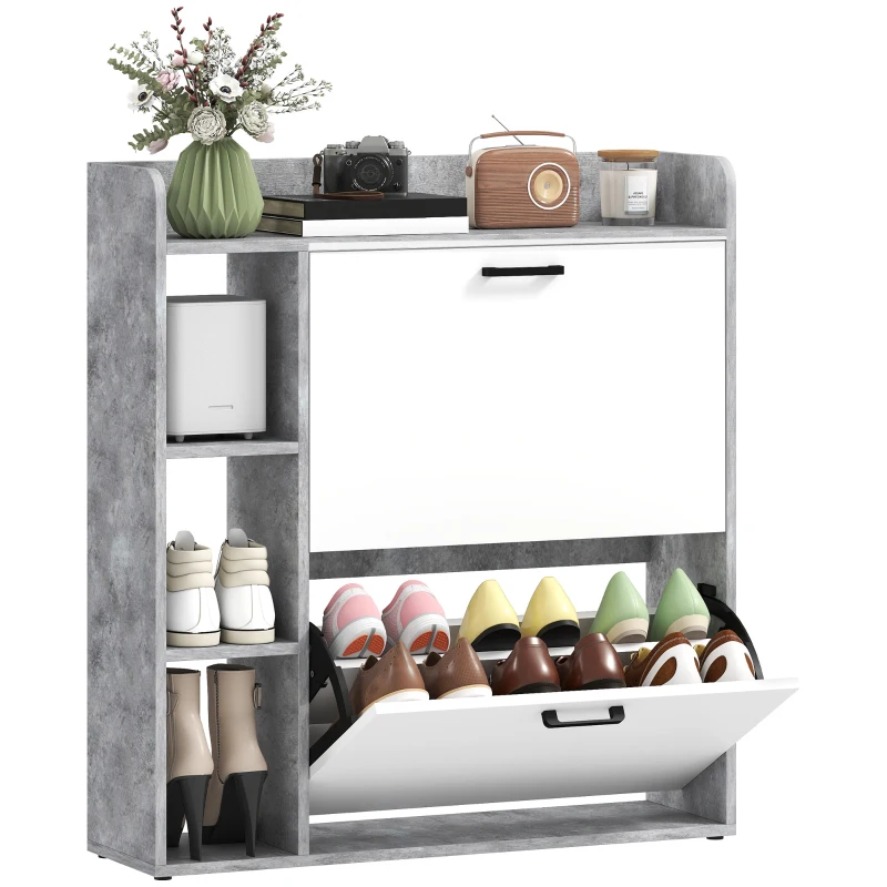 HOMCOM Meuble à chaussures Slim avec 2 Tiroirs basculants et 3 Compartiments ouverts, Capacité 15 Chaussures, 83x24x90,5 cm, Gris