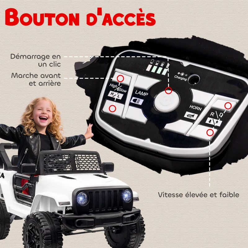 HOMCOM Voiture électrique Enfant Propulsion arrière 12 V 5 Km/h Max. télécommande Incluse Effets Lumineux sonores dim. 100L x 65l x 72H cm Blanc