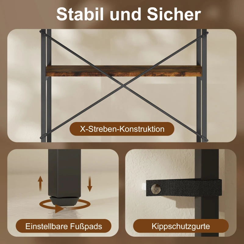 HOMCOM Bücherregal, 5 Ebenen, Metall, Melaminoberfläche, Braun