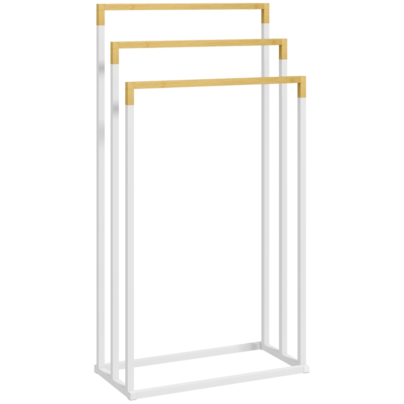 kleankin Porte-serviettes en bambou et acier sur pieds avec 3 barres support pour serviette 45 x 22,5 x 86 cm blanc et naturel