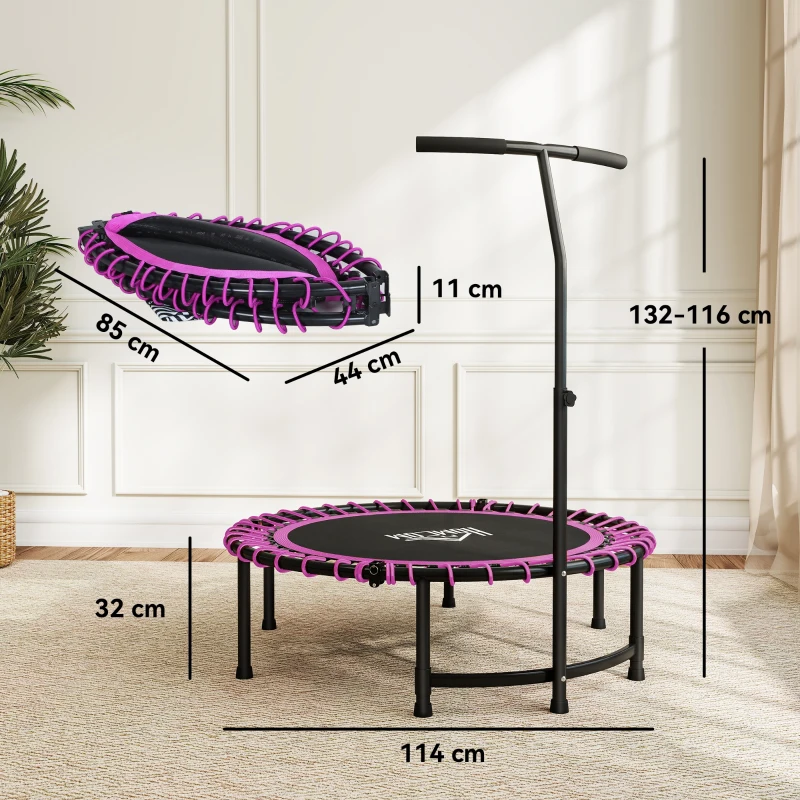 HOMCOM 45" Foldable Mini Trampoline Silent Rebounder Indoor Outdoor Jumper with Adjustable Handle - Pink