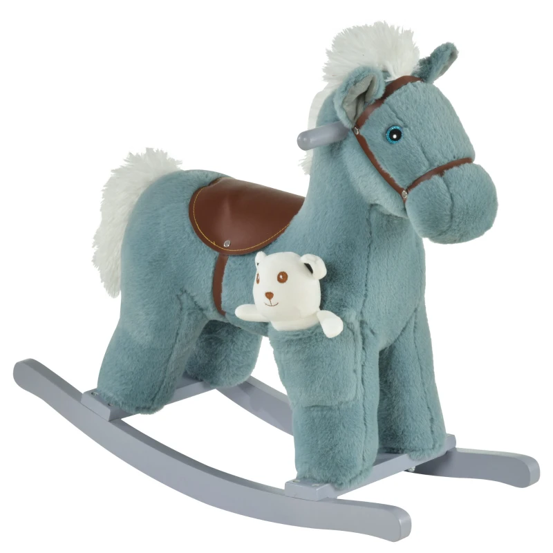 HOMCOM Cavallo a Dondolo per Bambini in Peluche e Legno con Suoni e Orsetto Incluso, per Bimbi da 18-36 Mesi, 65x26x55cm, Blu