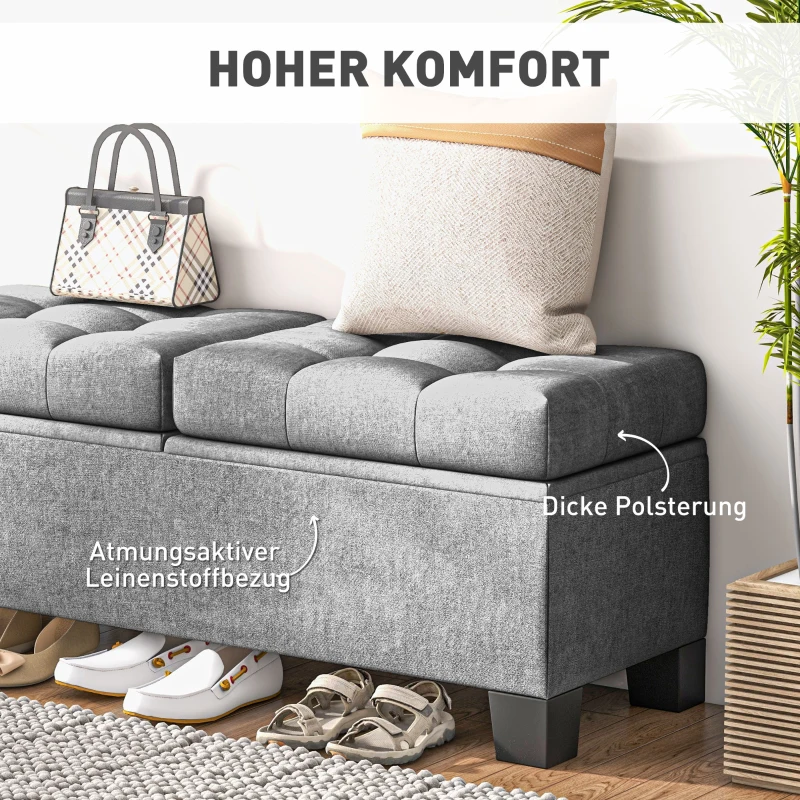 HOMCOM Sitzbank mit Stauraum, Polsterbank mit Leinenoptik, Gepolsterte Aufbewahrungsbox bis 180kg belastbar, für Flur, Schlafzimmer, Wohnzimmer, 116x41x47 cm, Grau