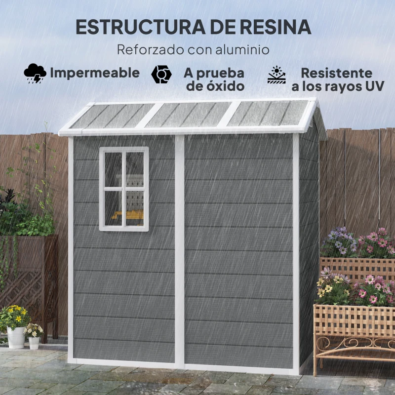 Outsunny Cobertizo de Jardín Exterior 2,1 m² 131x186x198 cm Caseta de Jardín con Suelo Ventana y Puerta con Cerradura Gris
